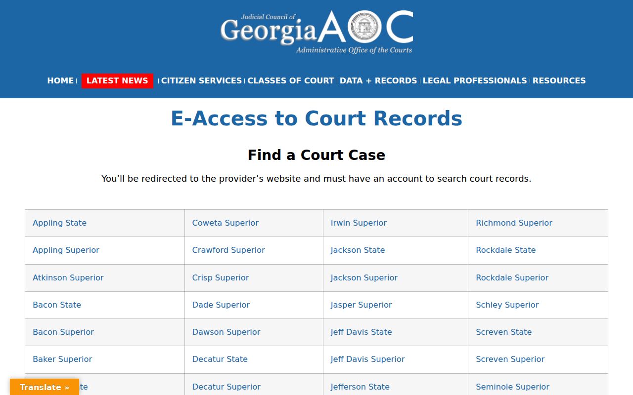 Georgia E-Access directory for Spalding County court cases